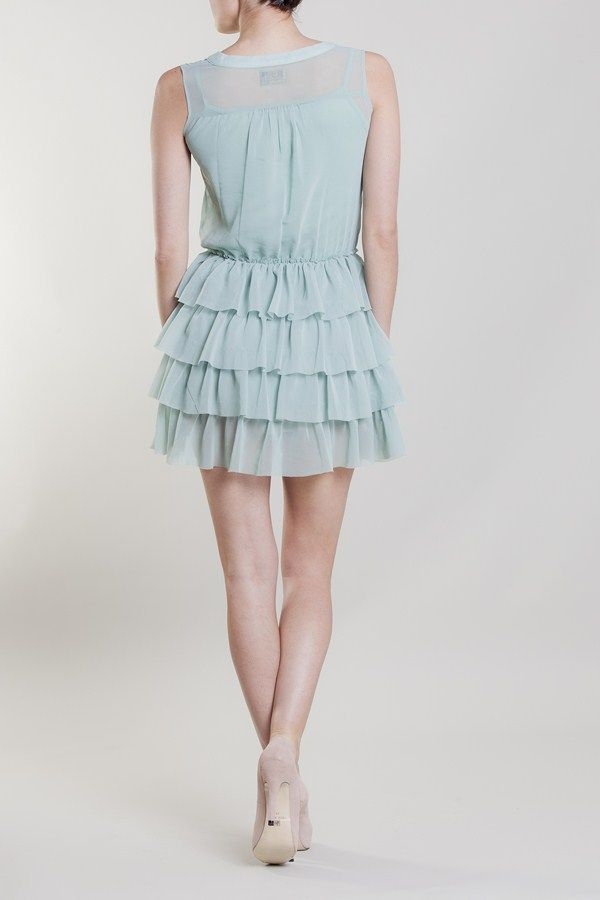 Vestido volantes aguamarina modelo entera espalda